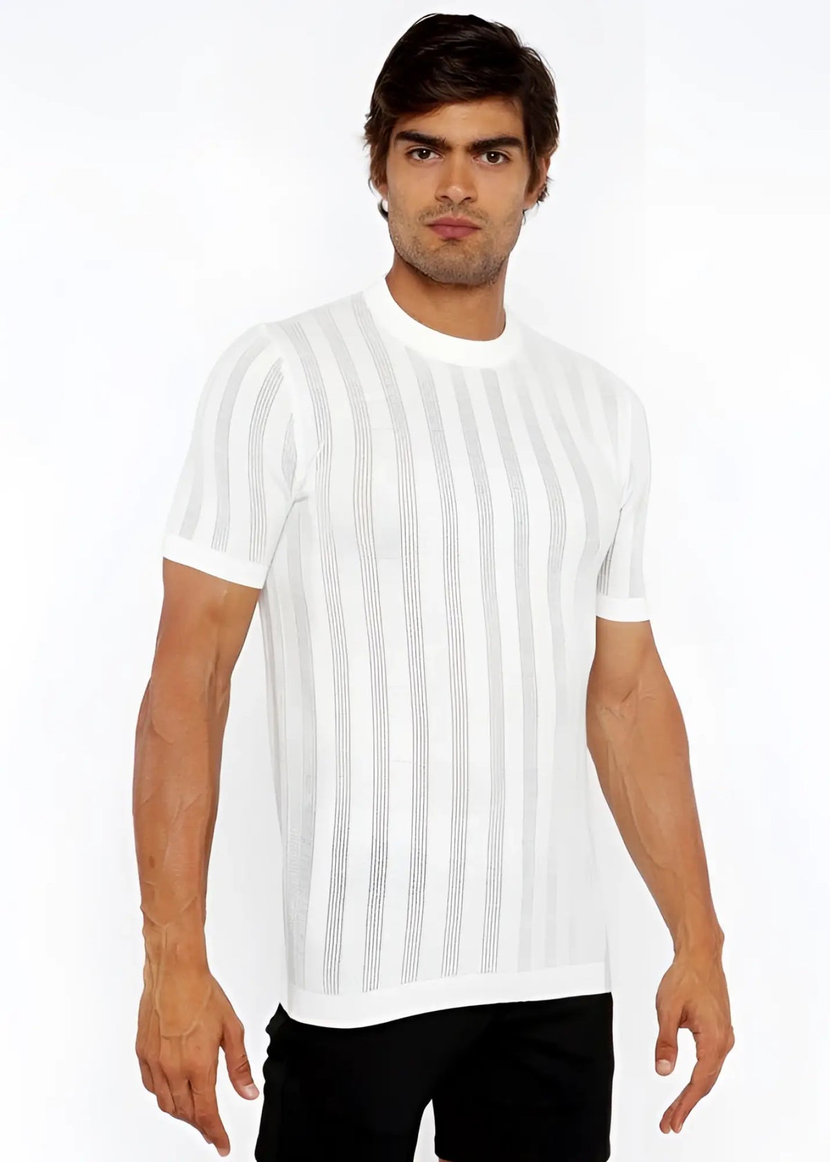 White textured open knit crew tee with subtle vertical gray stripes and short sleeves for casual wear