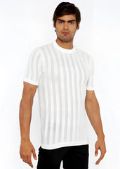 White textured open knit crew tee with subtle vertical gray stripes and short sleeves for casual wear