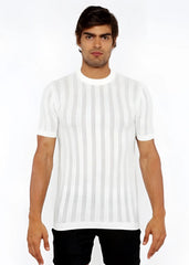 White textured open knit crew tee with subtle vertical ribbed stripes and short sleeves in soft breathable fabric