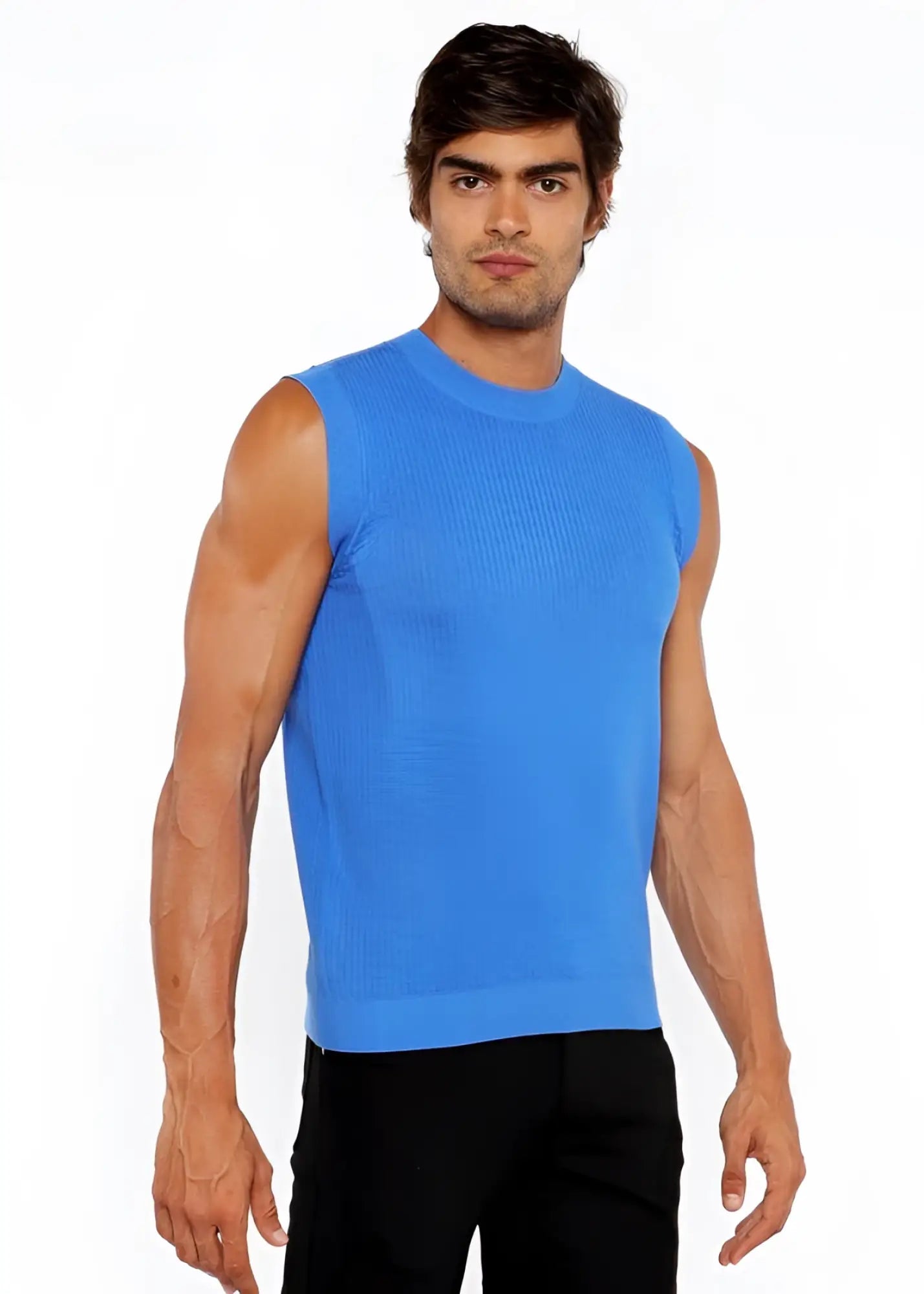 Bright blue ribbed knit sleeveless top made from textured open knit fabric for stylish layering and comfort