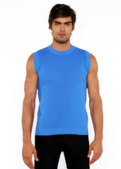 Bright blue ribbed knit sleeveless top textured open knit vest made of breathable lightweight fabric