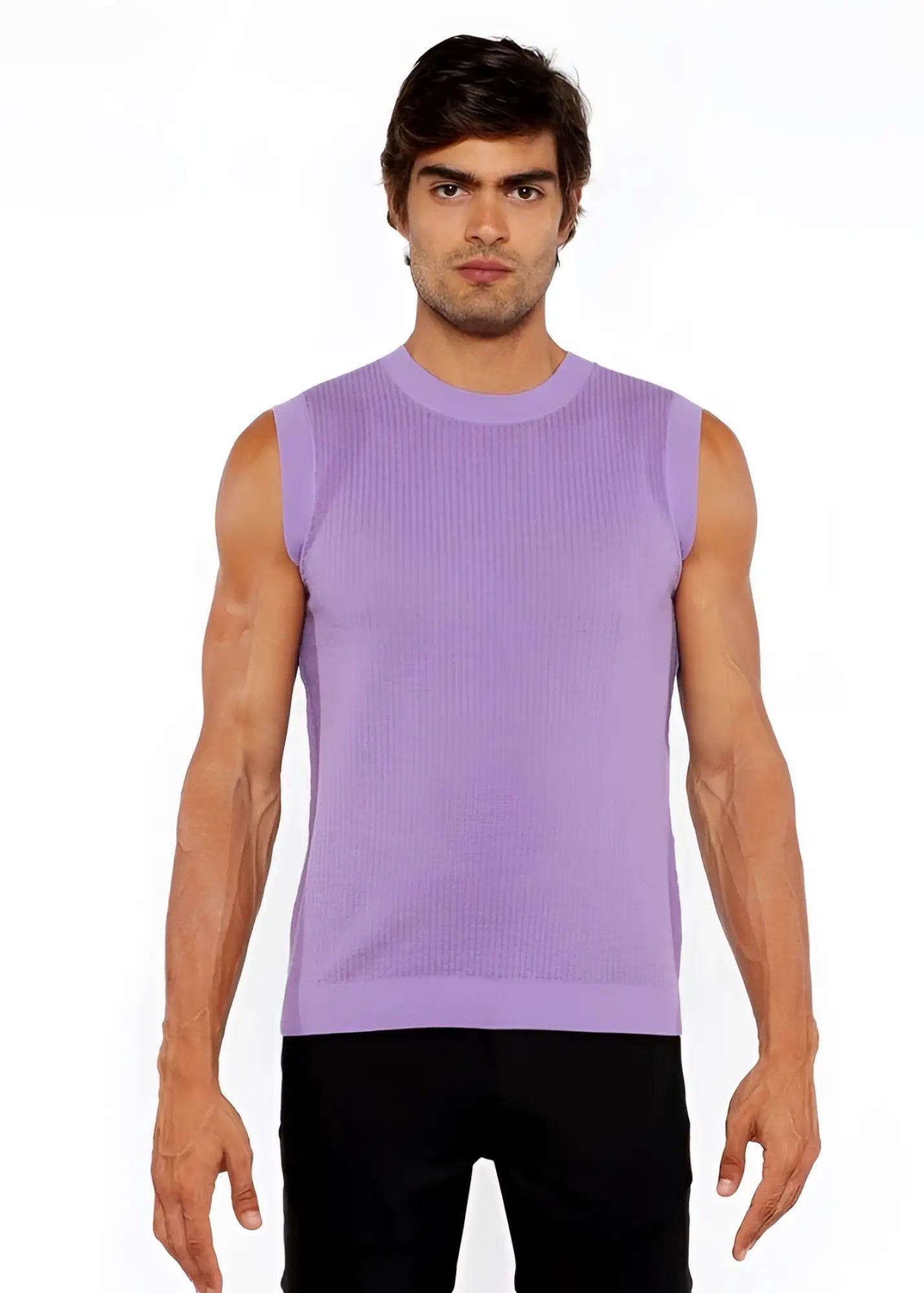 A lavender ribbed knit sleeveless textured open knit vest with a round neckline perfect for layering