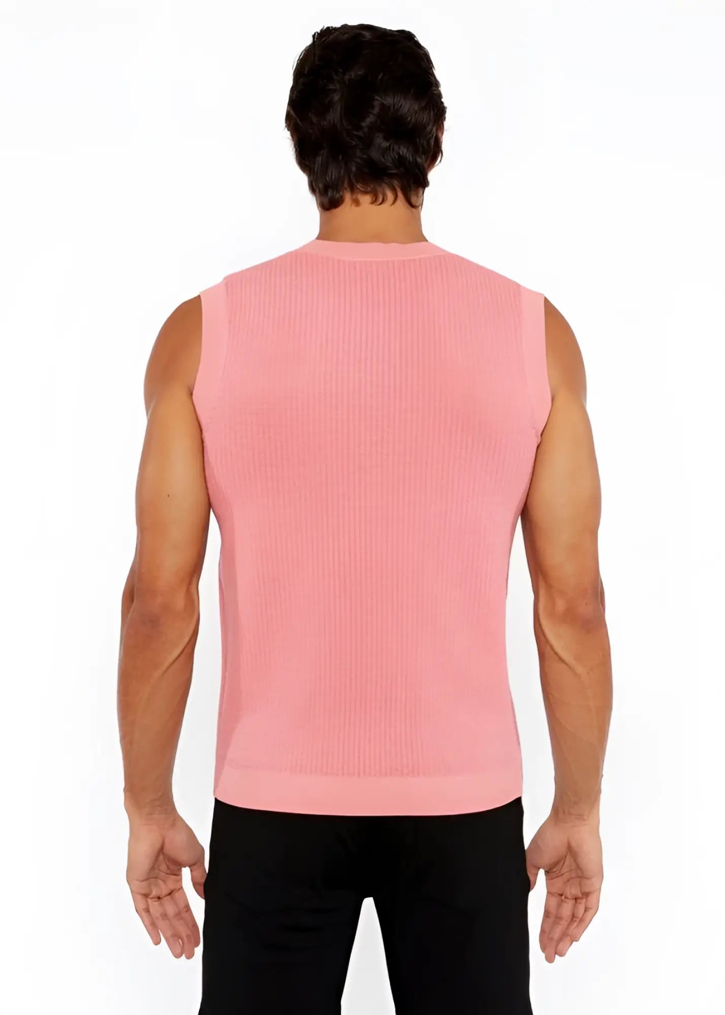 A pink ribbed knit sleeveless top with a crew neckline in a textured open knit vest design