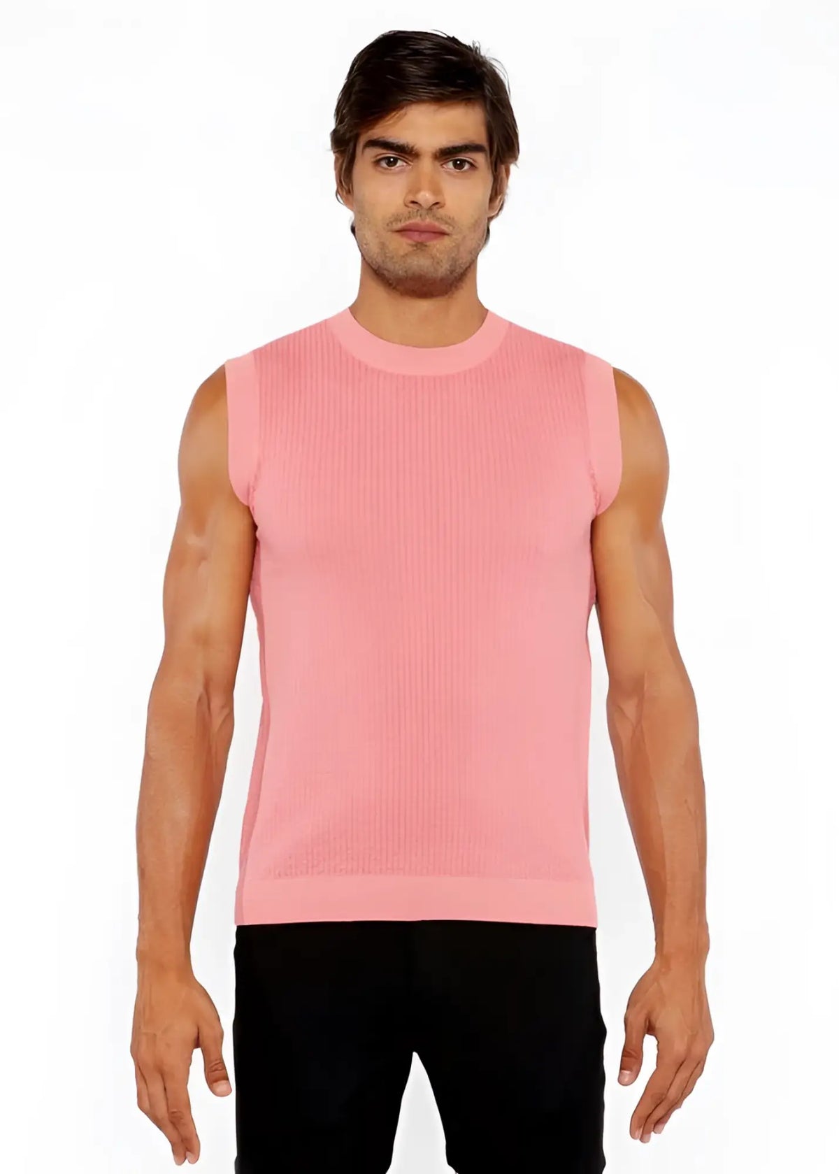 Textured open knit vest pink ribbed knit sleeveless top with round neckline and neatly finished hem