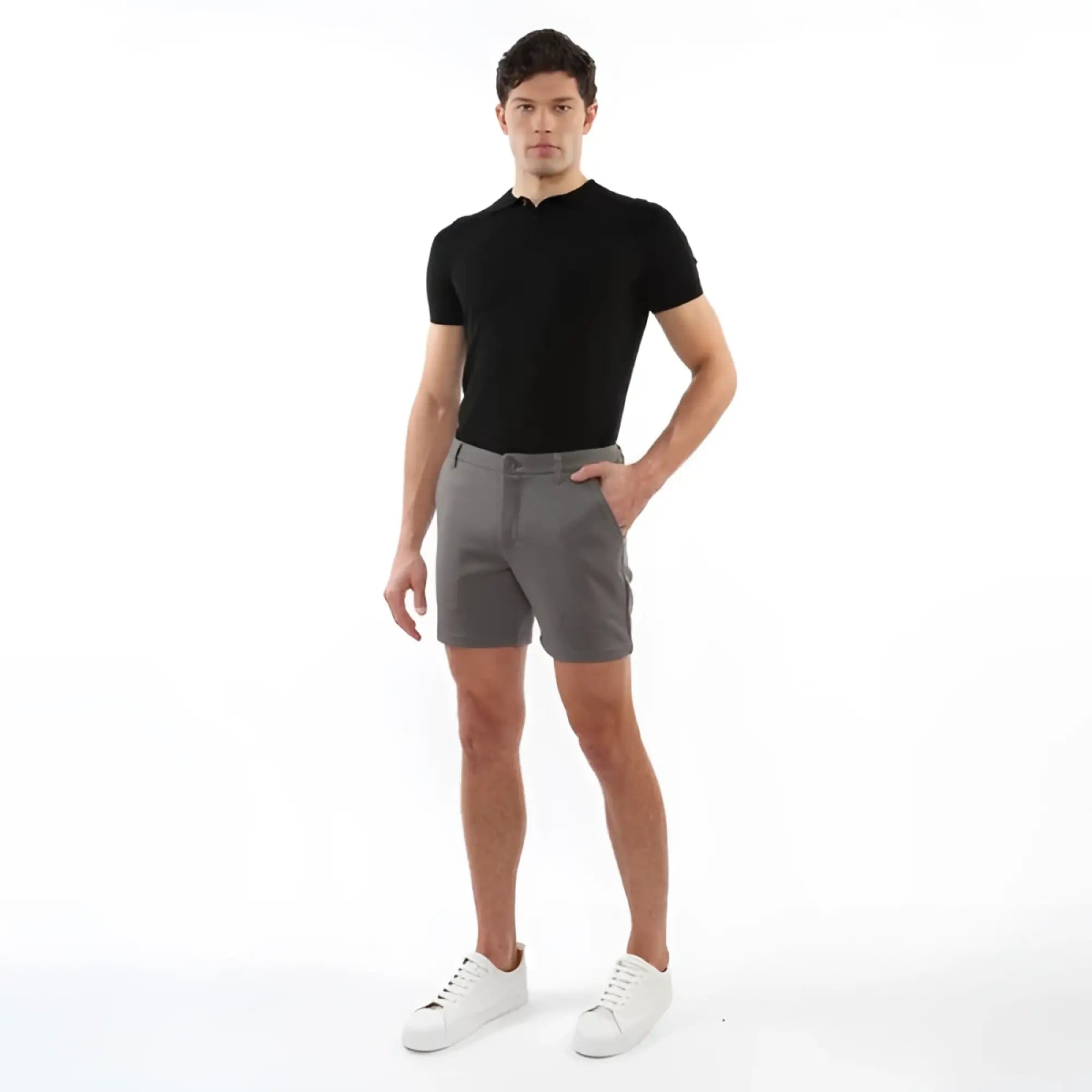 Gray textured stretch knit chino shorts with classic fit and button closure for casual wear
