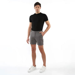 Gray textured stretch knit chino shorts with classic fit and button closure for casual wear