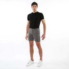 Gray textured stretch knit chino shorts with classic fit and subtle stitching details for casual wear