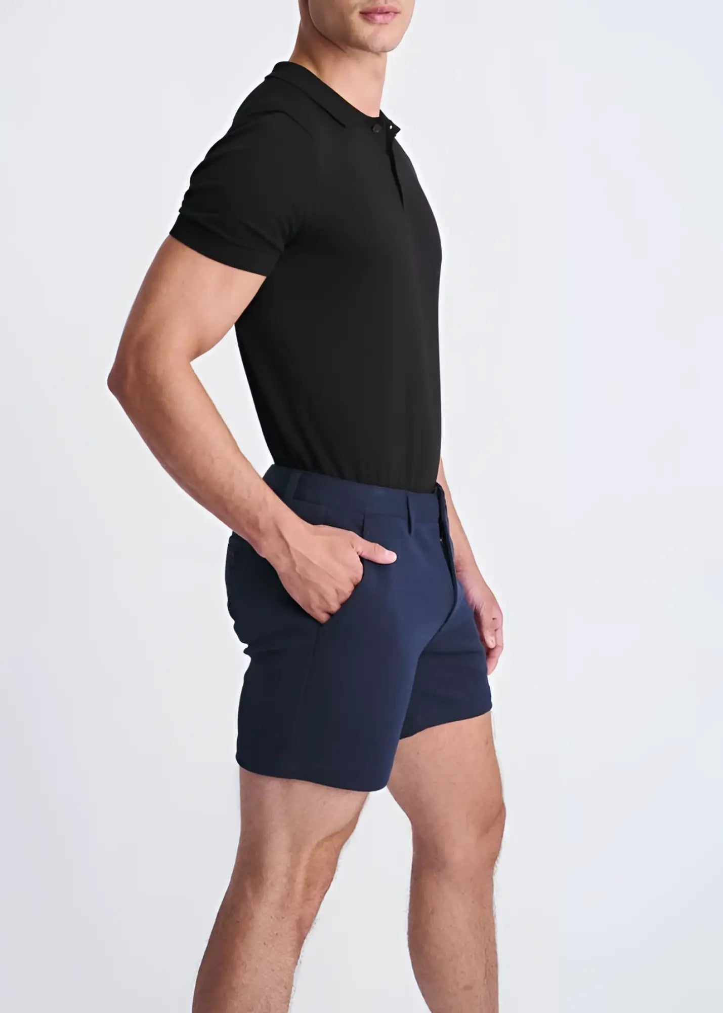 Navy blue textured stretch knit chino shorts with a modern cut and subtle side pockets for casual wear