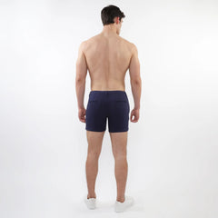Navy blue textured stretch knit chino shorts with sleek modern design and subtle zip front pockets