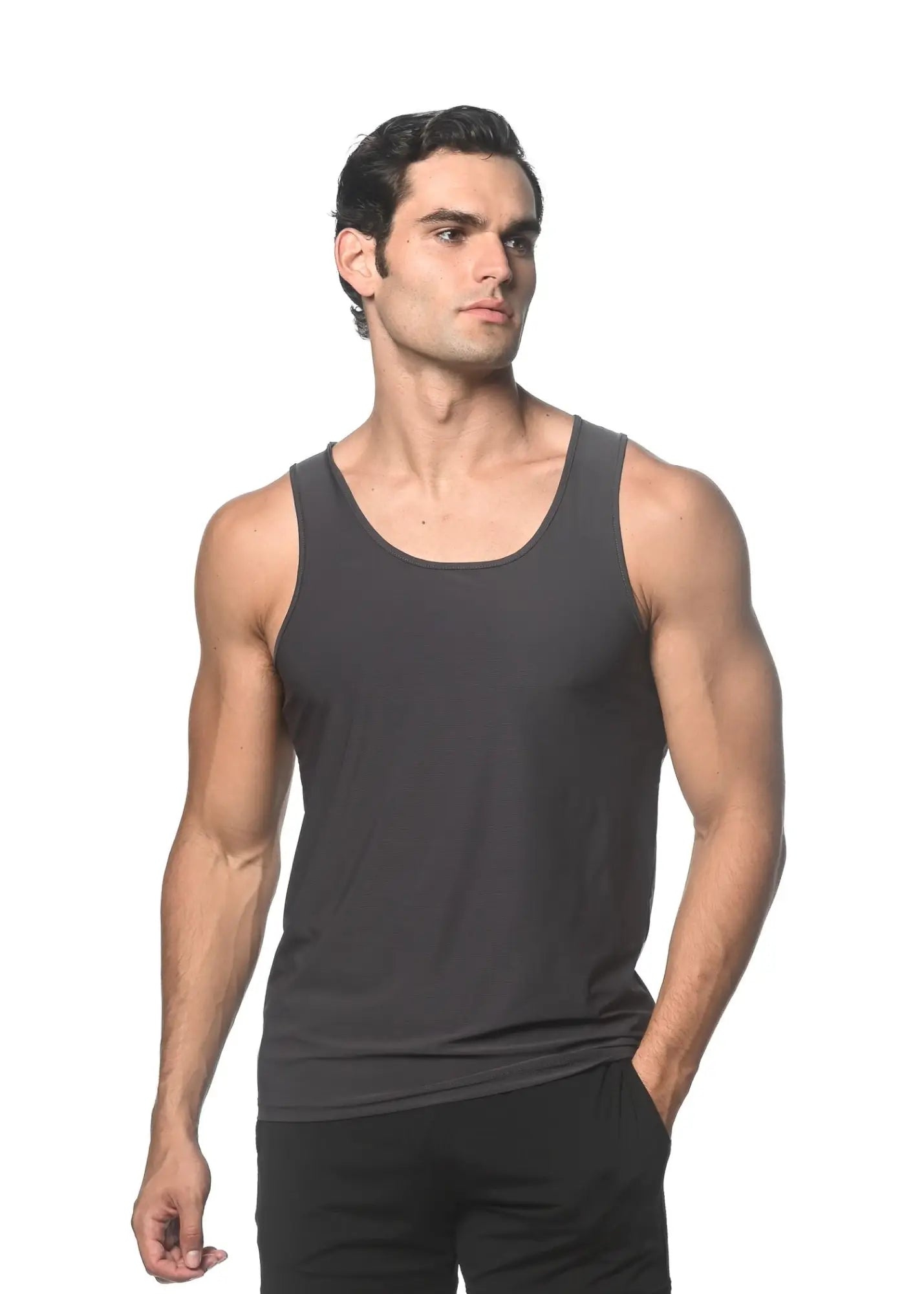 Black sleeveless textured stretch mesh performance tank with a simple fitted design for active wear