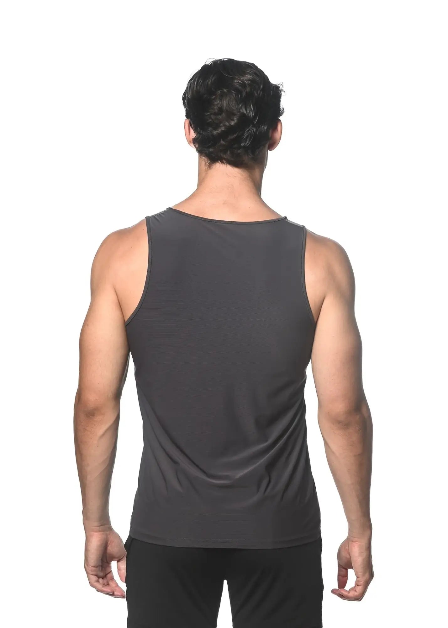 Dark gray textured stretch mesh performance tank top with smooth form fitting fabric for active wear