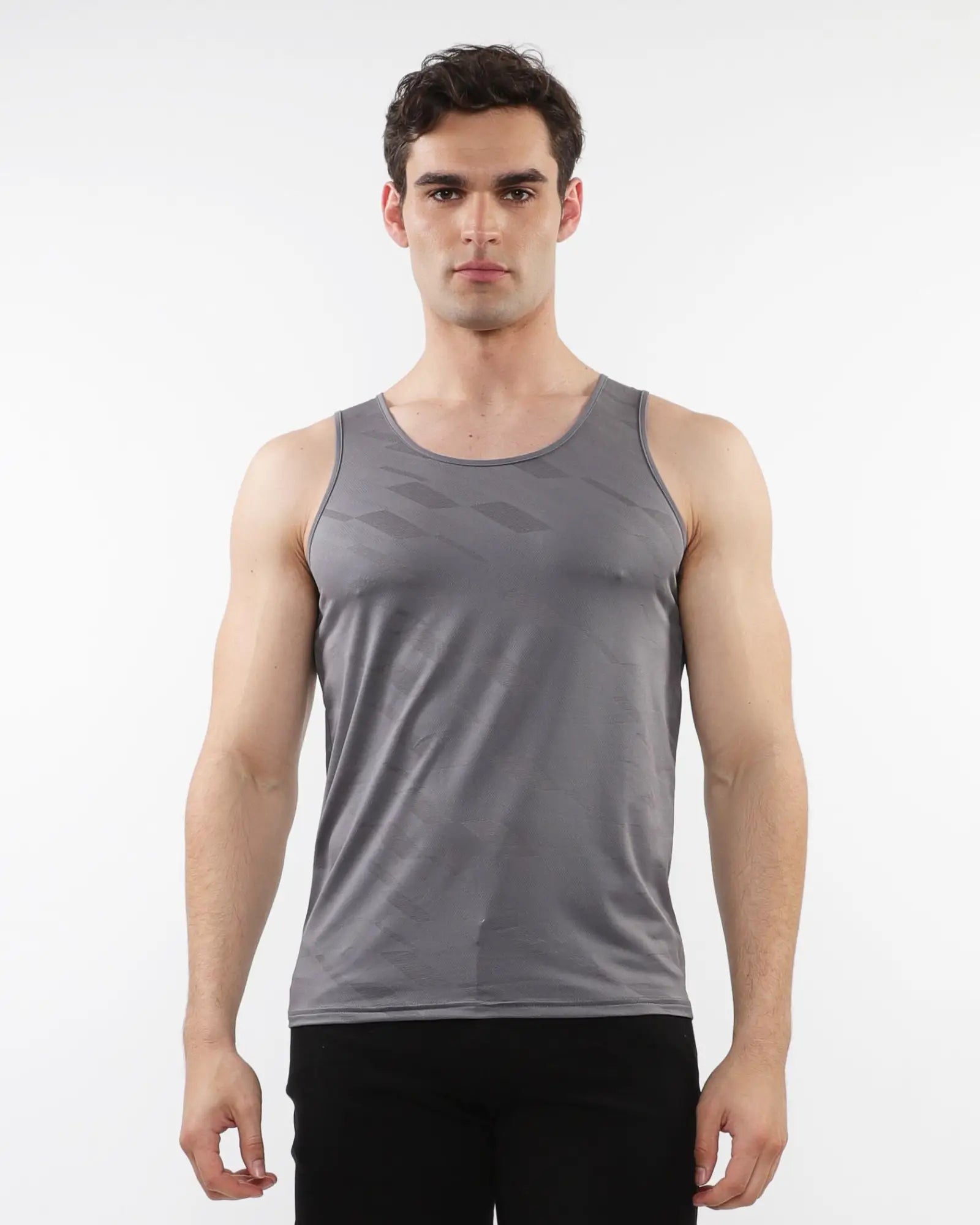 Gray textured stretch mesh performance tank with subtle geometric pattern designed for athletic use