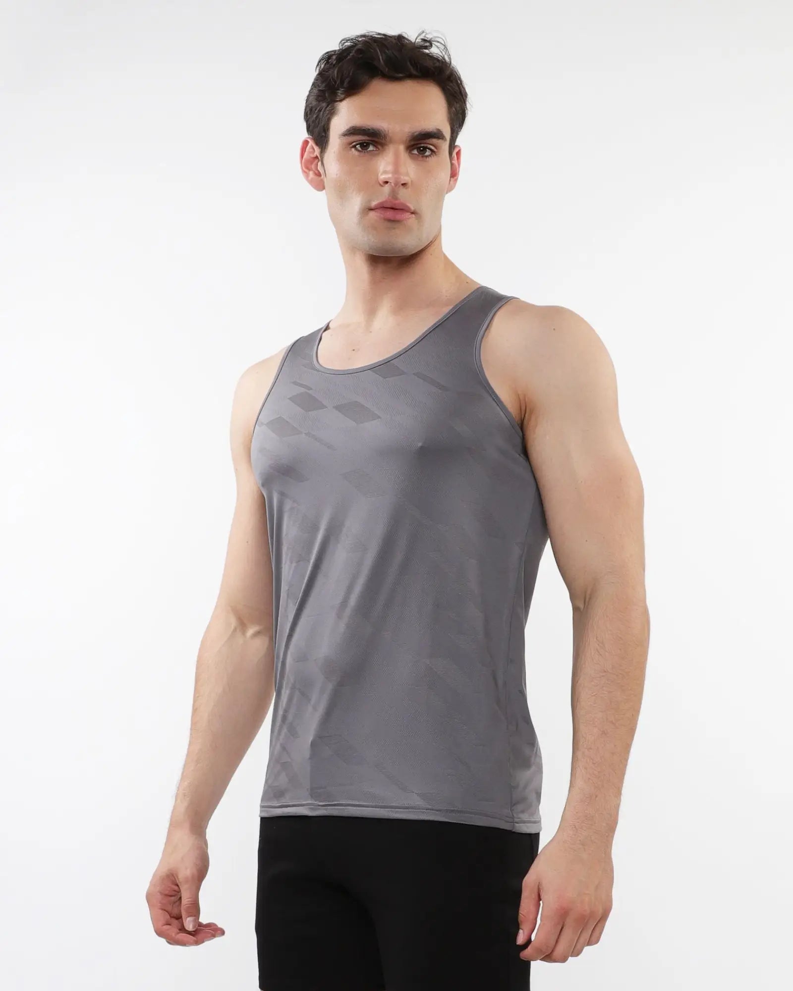 Gray textured stretch mesh performance tank top with subtle geometric pattern for athletic use