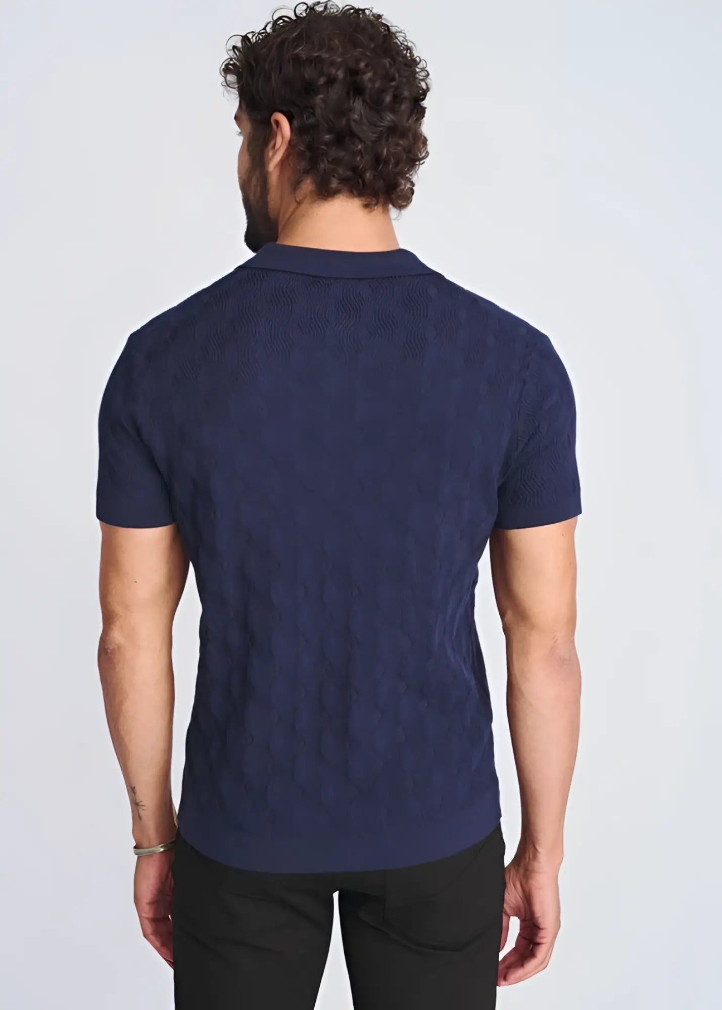Navy blue cable-knit polo shirt with textured stripes made of silk and tencel for a stylish casual look