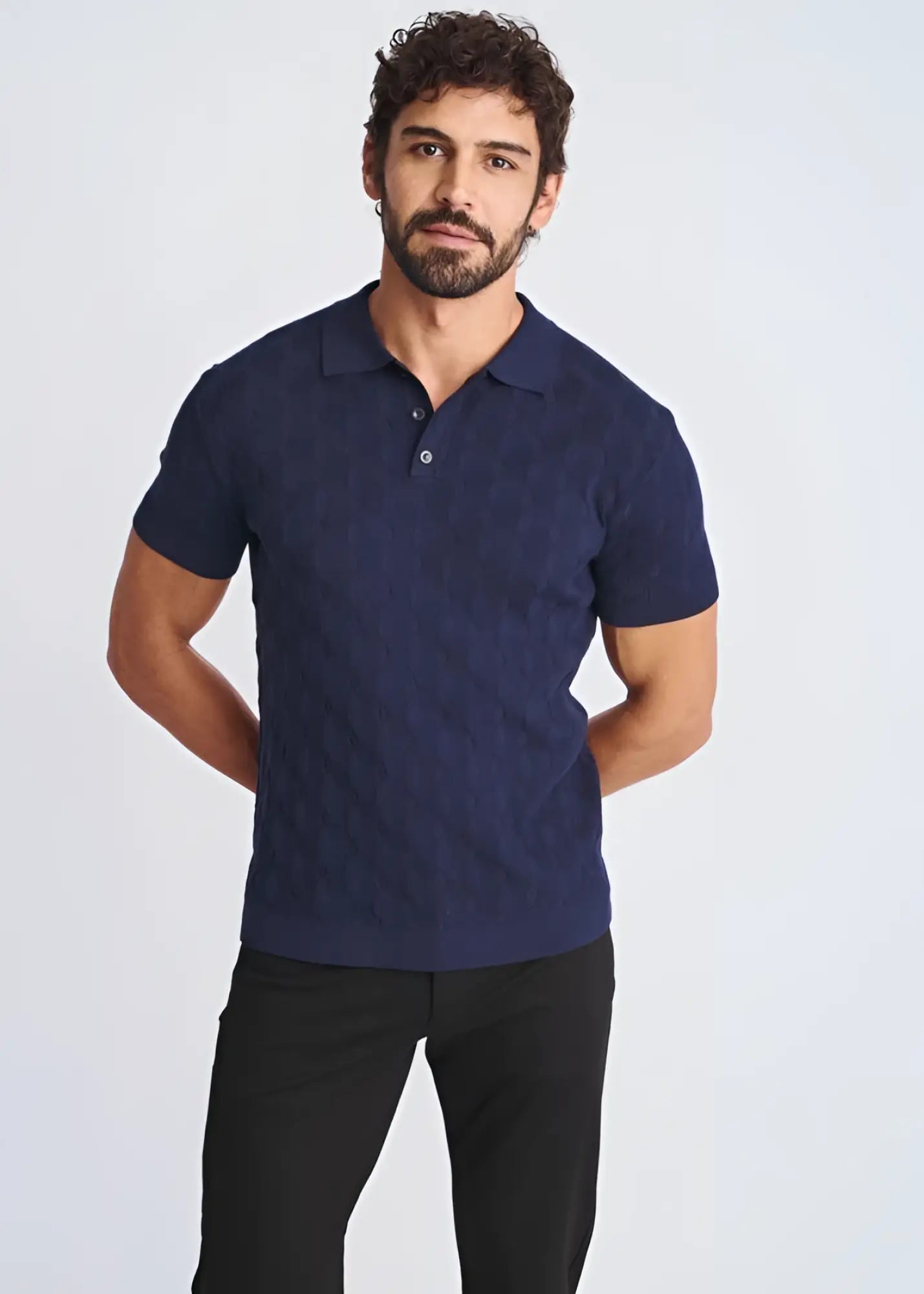 Navy blue textured stripes silk tencel polo shirt showcasing knit fabric and classic short sleeve design