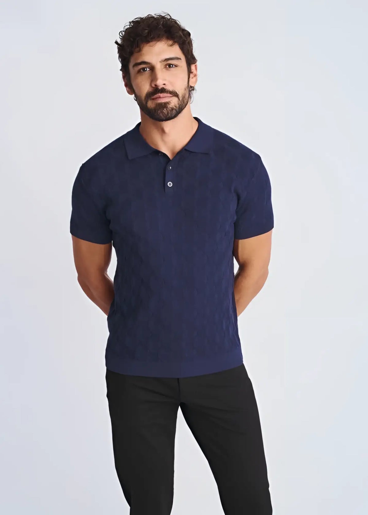 Navy blue textured stripes silk tencel polo shirt with knit fabric for comfortable casual wear