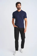 Navy blue short-sleeved textured stripes silk and tencel polo shirt with classic collar and buttoned placket