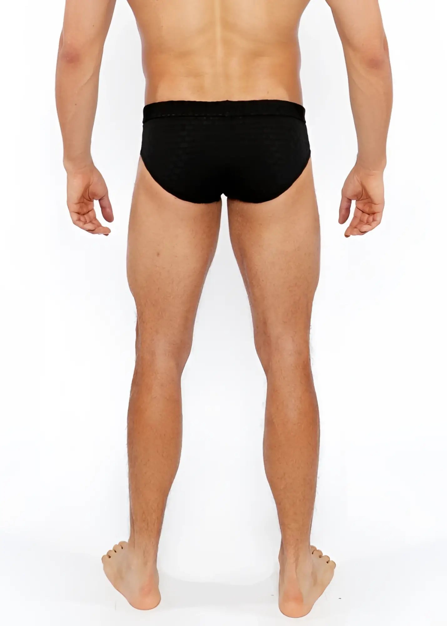 Black textured swim brief with front buckle detail made from durable fabric for swim and beachwear use