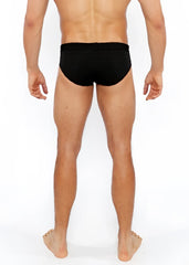 Black textured swim brief with front buckle detail made from durable fabric for swim and beachwear use