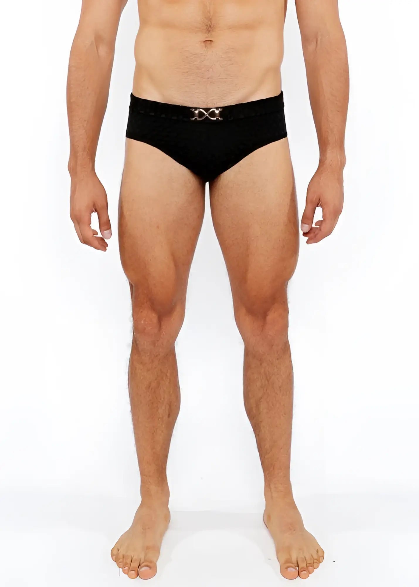 Black textured swim brief with a silver metallic interlocking double-x front buckle belt for stylish beachwear