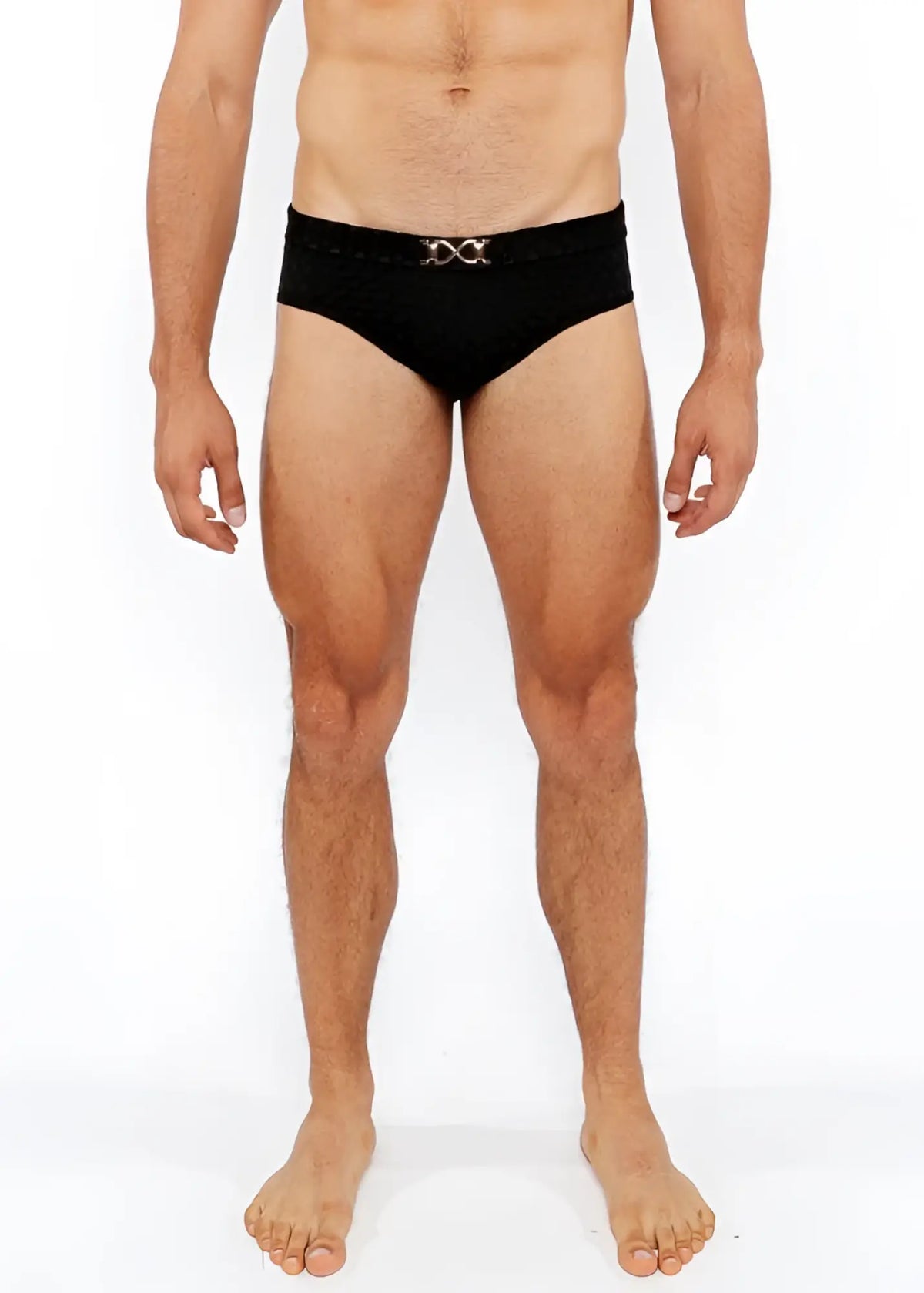 Black textured swim brief with a silver metallic interlocking double-x front buckle belt for stylish beachwear