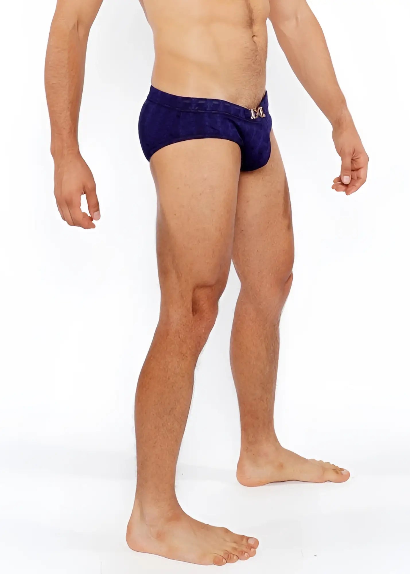 Navy blue textured swim brief with front buckle and metallic logo on waistband designed for stylish swimming