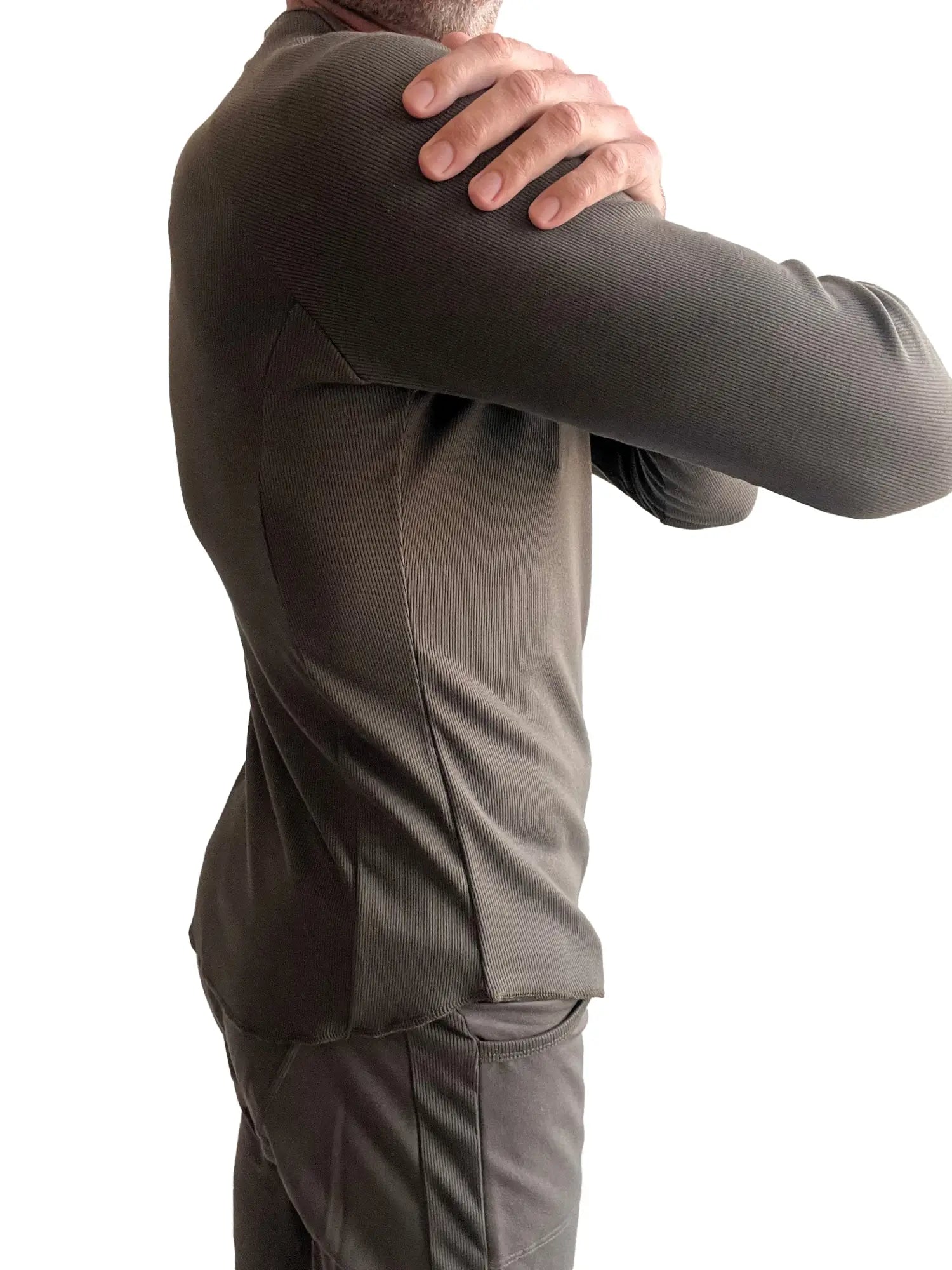 A dark olive green ribbed thermal v neck long sleeve shirt with fitted athletic cut