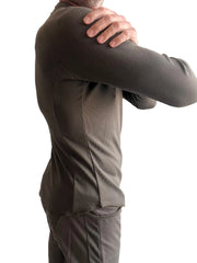 A dark olive green ribbed thermal v neck long sleeve shirt with fitted athletic cut