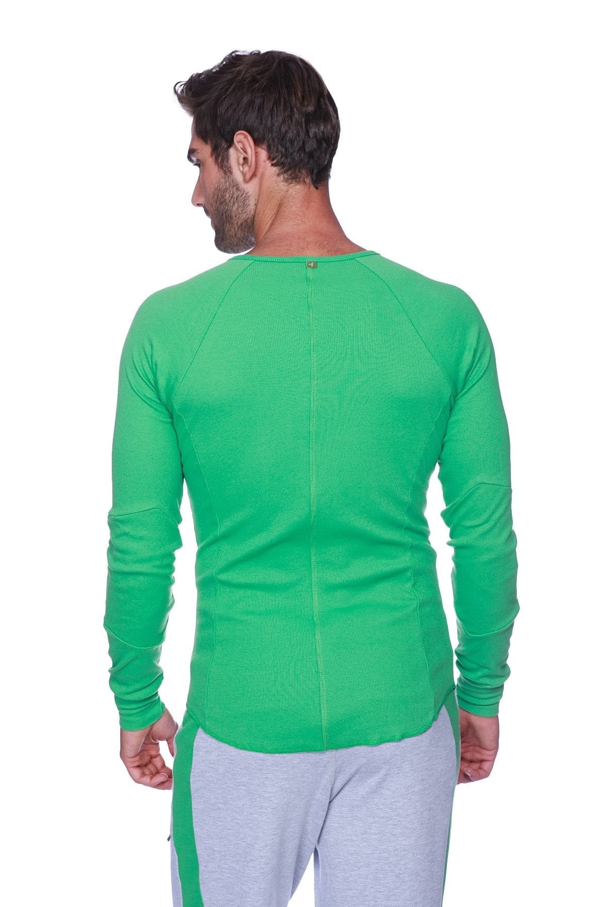 Thermal v-neck long sleeve bright green ribbed bamboo athletic shirt with raglan sleeves for cold weather use