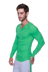 Vibrant green thermal v-neck long sleeve henley shirt made from bamboo fabric with subtle texture and button neckline