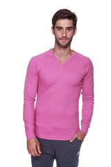 A vibrant berry thermal v-neck long sleeve sweater with ribbed texture and raglan sleeves