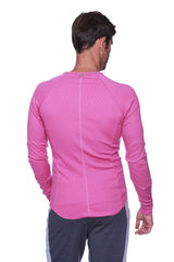 A vibrant berry thermal v-neck long sleeve shirt with ribbed texture and subtle seam detailing
