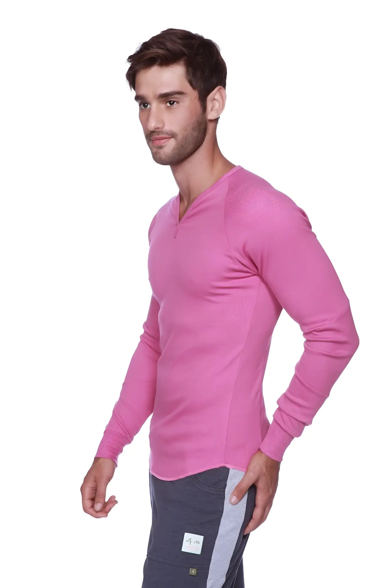 A vibrant pink thermal v-neck long sleeve shirt made of soft stretchy ribbed fabric for cozy warmth