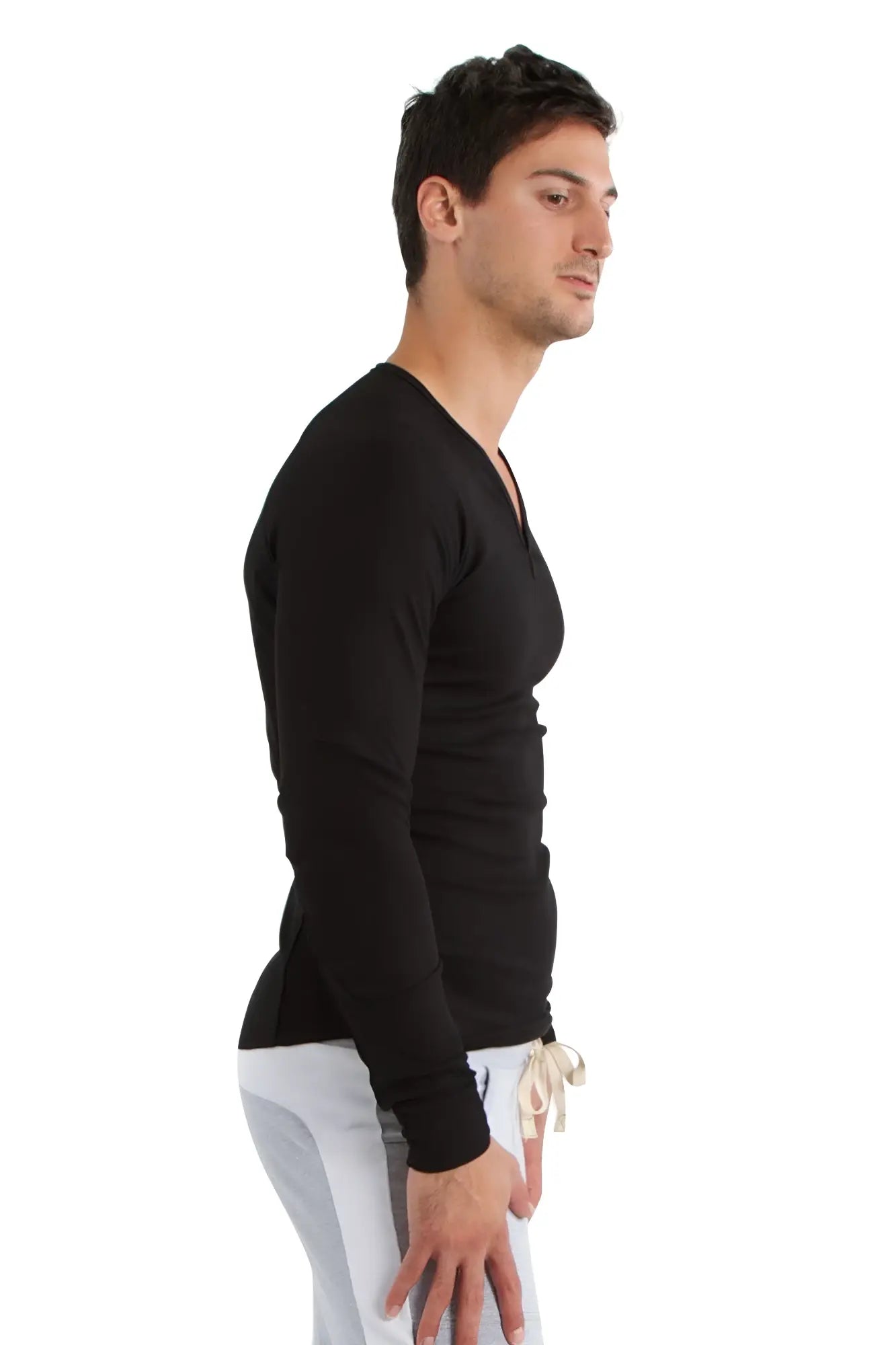 Black thermal v-neck long sleeve shirt with fitted silhouette and ribbed cuffs made of warm fabric