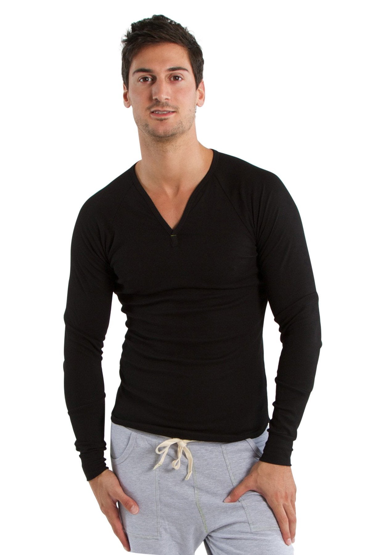 Black thermal v-neck long sleeve shirt with fitted silhouette and subtle ribbed texture for layering