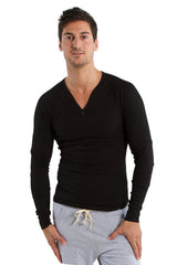 Black thermal v-neck long sleeve shirt with fitted silhouette and subtle ribbed texture for layering