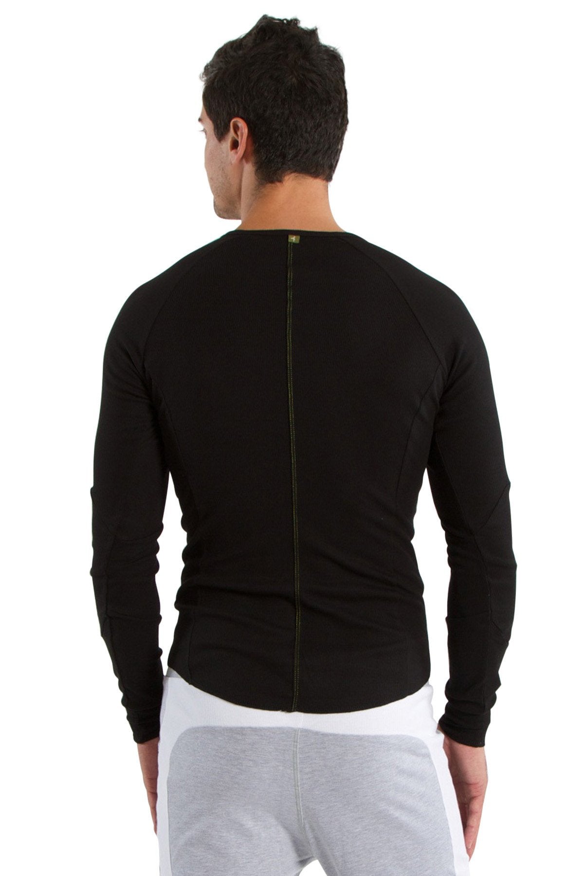Black thermal v-neck long sleeve athletic top with back zipper detail shown from the back side