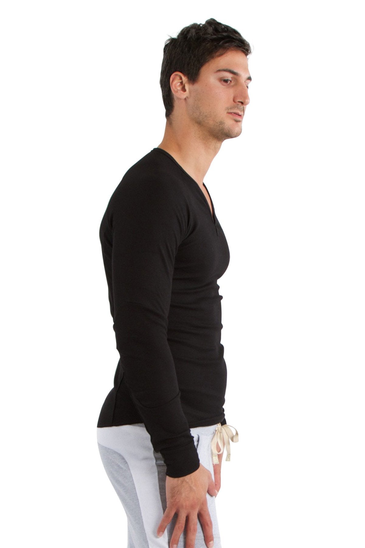 Black thermal v-neck long sleeve shirt with fitted silhouette and ribbed cuffs made of warm fabric