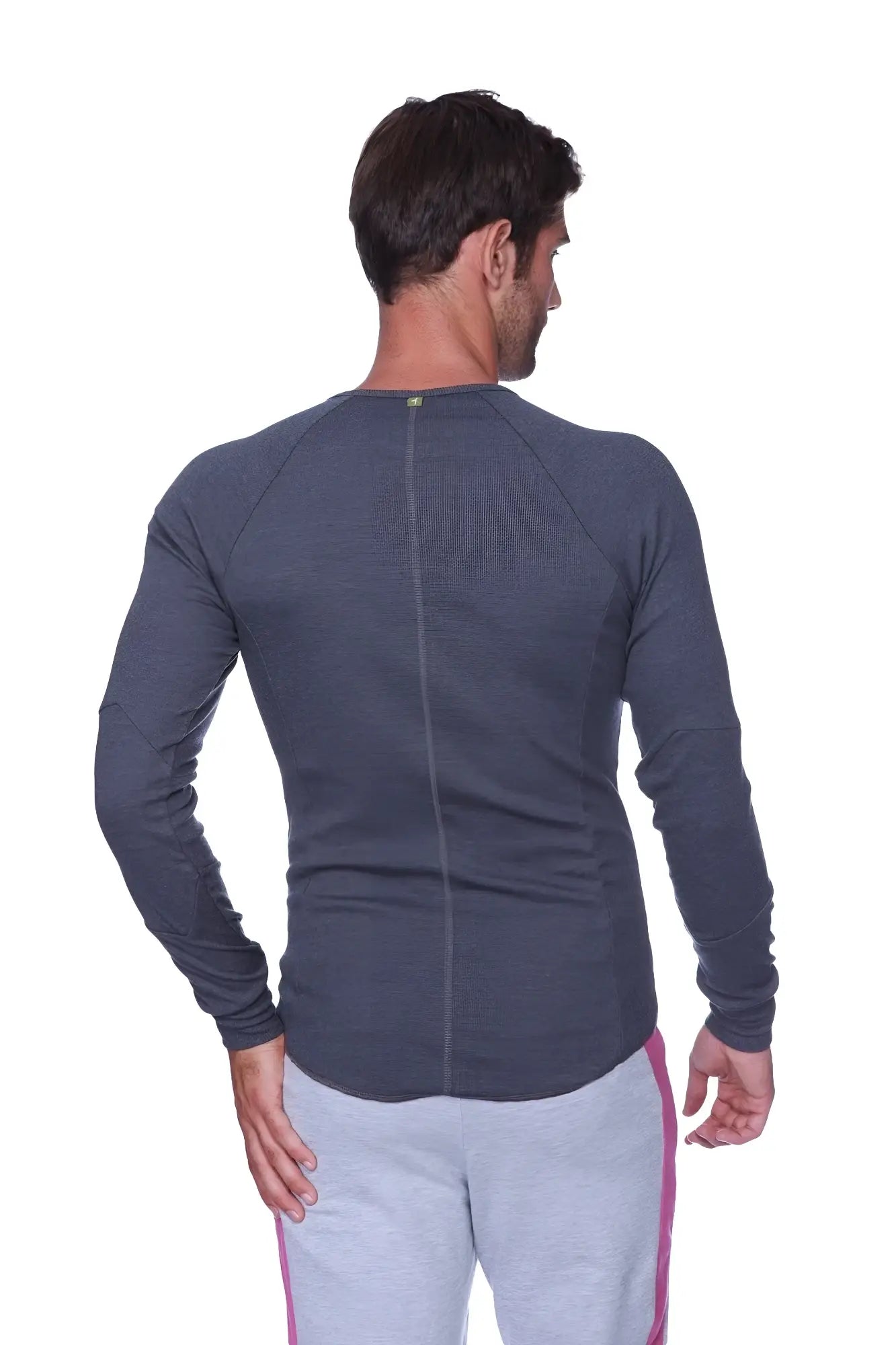 Thermal v-neck long sleeve charcoal shirt in dark gray heathered textured fabric shown from the back with central seam