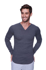 Dark gray thermal v-neck long sleeve shirt with subtle textured knit pattern for warmth and comfort