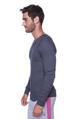 Dark gray thermal v neck long sleeve sweater with subtle textured fabric for warmth and comfort