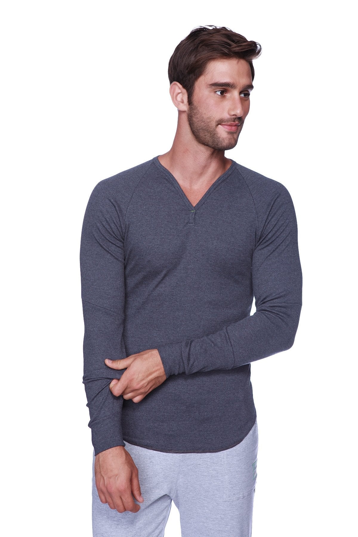 A dark heather gray thermal v-neck long sleeve henley shirt with subtle textured fabric and ribbed cuffs