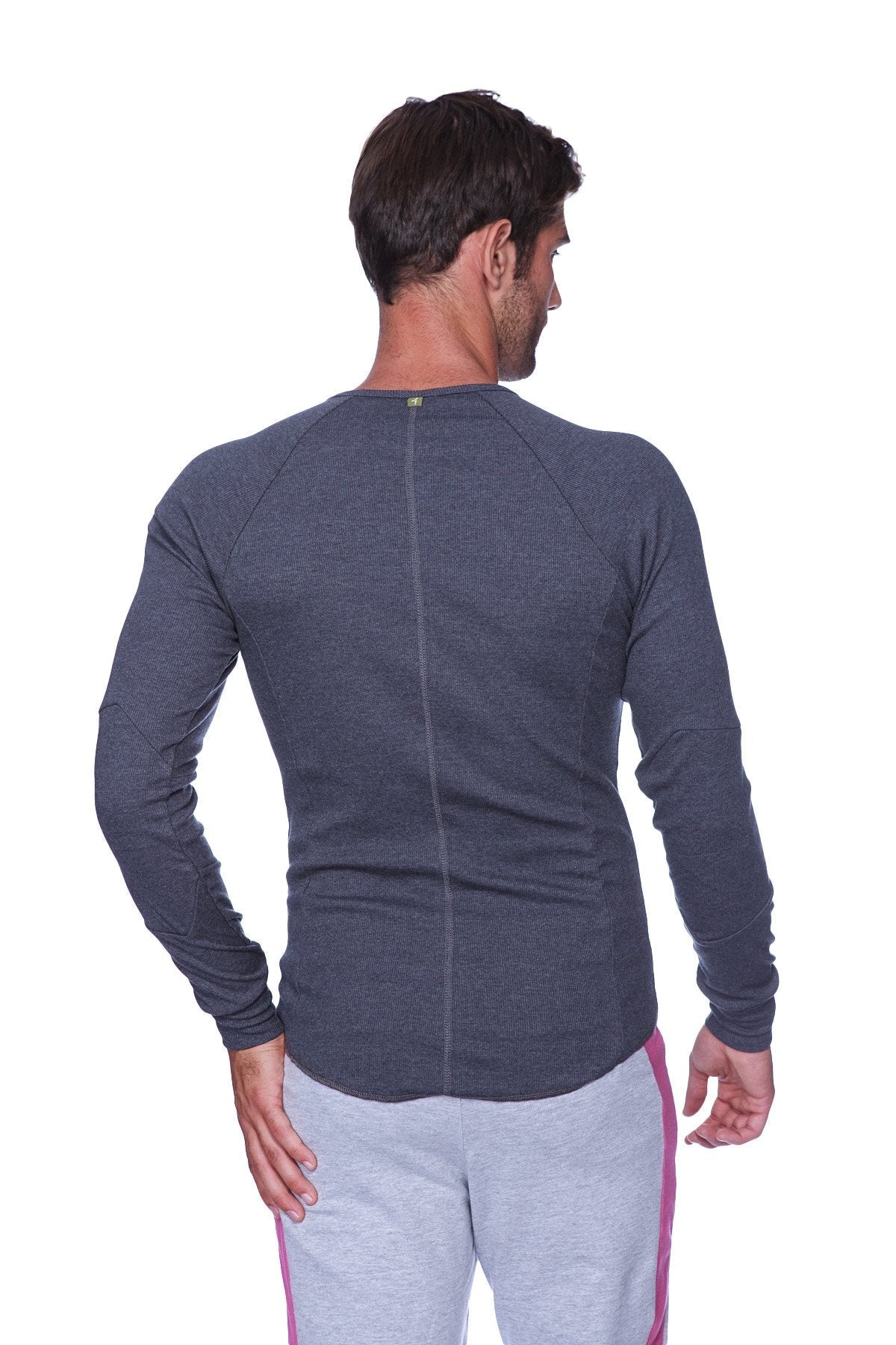 Thermal v-neck long sleeve charcoal shirt in dark gray heathered textured fabric shown from the back with central seam