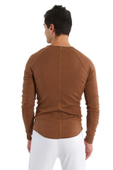 Brown thermal v-neck long sleeve athletic top in chocolate shown from back with fitted design and subtle seam detailing