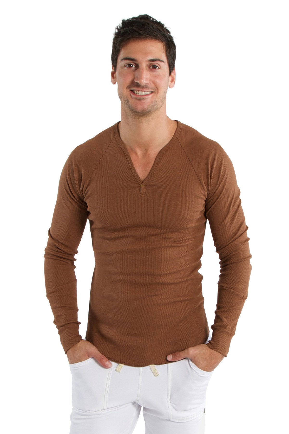 A slim-fitting thermal v-neck long sleeve shirt in chocolate brown with subtle ribbed texture for warmth and style