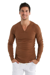A slim-fitting thermal v-neck long sleeve shirt in chocolate brown with subtle ribbed texture for warmth and style
