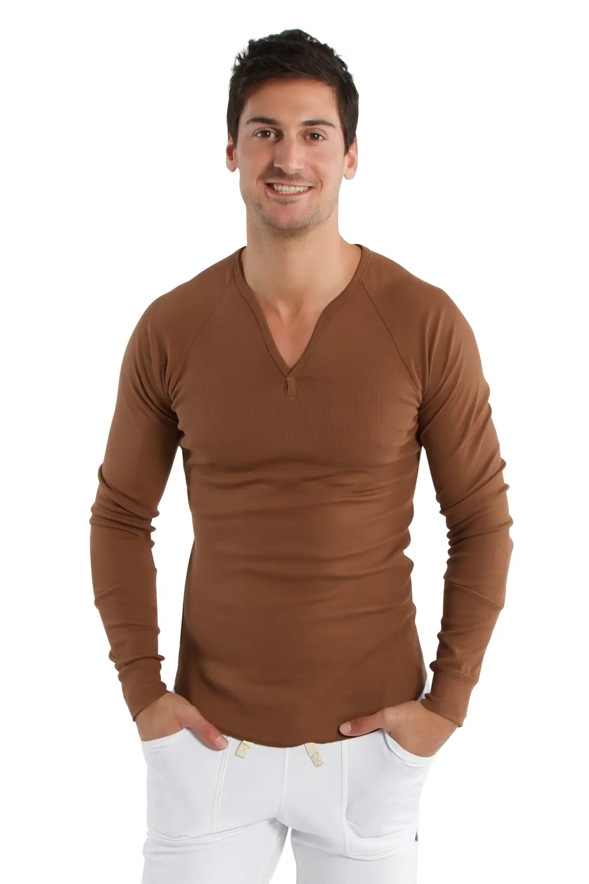 A slim-fitting thermal v-neck long sleeve shirt in chocolate brown with subtle ribbed texture for warmth and style