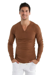 A slim-fitting thermal v-neck long sleeve shirt in chocolate brown with subtle ribbed texture for warmth and style