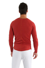 Thermal v-neck long sleeve cinnabar red athletic shirt showing back with central zipper for cold weather use