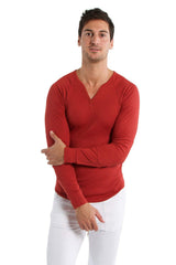 Thermal v-neck long sleeve cinnabar is a red fitted long-sleeve thermal shirt with a v-neck design